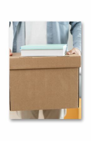 People relocation move home concept, Man carrying belongings box moving in new apartment.