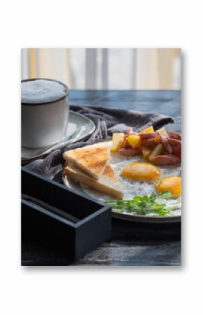 Fried eggs served in a cafe. 
