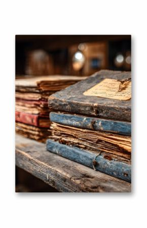 Stacks of old documents fill abandoned archive room shelves. Dusty papers organized in messy piles suggest forgotten history and nostalgic decay. Retro storage space shows aged records and paperwork.