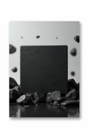 Textured black square surrounded by floating dark rocks against light gray background. Minimalist scene setup with abstract stone shapes, dark objects, creating modern, clean aesthetic for product