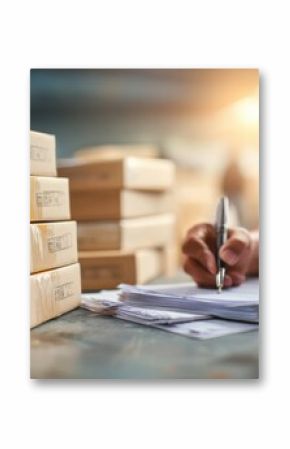 Side view of a customs agent stamping export documents foreground in clear detail while stacks of boxes fade softly in the background.