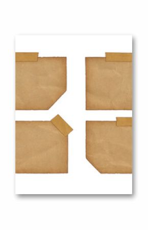 set of vintage brown paper notes with adhesive tape isolated on transparent background, retro blank memo sheets collection for scrapbooking, journaling, design and creative projects