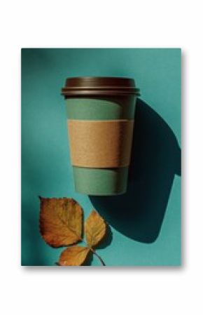 Eco coffee cup and autumn leaf against a teal background