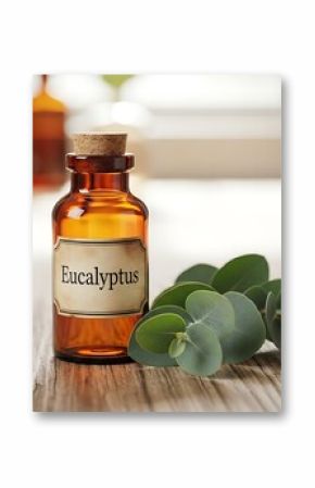 Amber glass bottle with eucalyptus essential oil and fresh eucalyptus leaves on a wooden surface