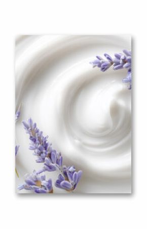 smooth white cream texture with tiny lavender buds, clean white backdrop, high-key studio lighting, natural beauty product feel