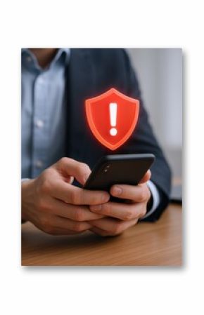 Alert Notification on Smartphone: Man Receiving Security Warning Message, Cybersecurity Threat Detected