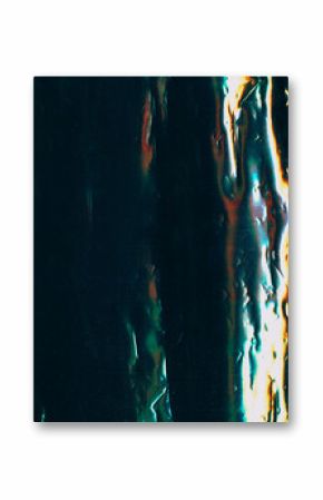 Display failure texture. Glitch effect surface. Glossy metal glare scratched abstract black background. Colorful distressed old sheet free space.