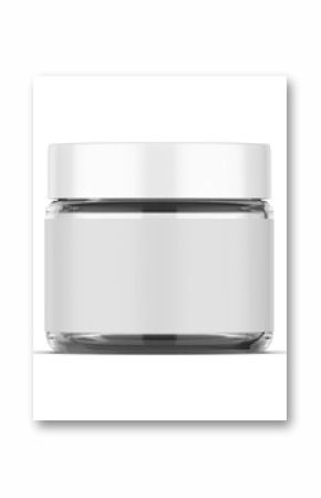 Transparent cosmetic jar mockup with paper label on isolated white background, 3d illustration