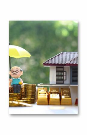 Mutual fund,Love couple senior with gold coin money and gold bar on natural green background, Save money for prepare in future and pension retirement concept