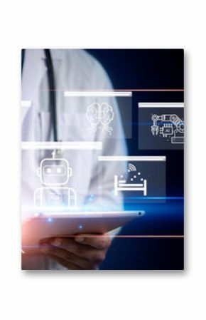Doctor using tablet with AI healthcare icons, artificial intelligence technology in medicine for patient care, diagnosis, and hospital management.