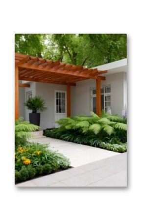 Wooden pergola covering the entrance of a modern house with beautiful garden