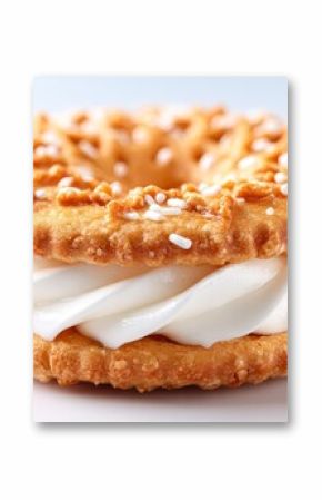 A close-up of a sweet dessert featuring a crispy sandwich filled with creamy white frosting, adorned with sprinkles, This enticing image is perfect for food blogs, dessert menus, or advertisements,
