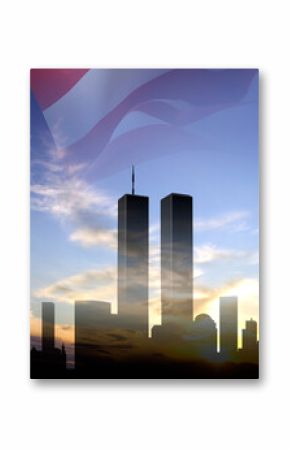 Silhouette of the New York skyline with Twin Towers against the sunset with USA flag. September 11, 2001. American Patriot Day banner. We will never forget