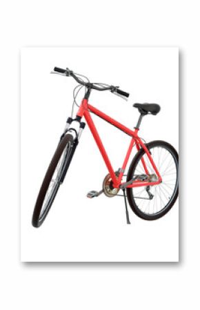 Red bicycle standing while leaning on kickstand, side front view. Bike resting on kick stand. Png clipart isolated on transparent background