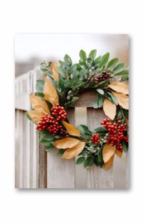 Beautiful autumnal wreath hanging on a wooden fence