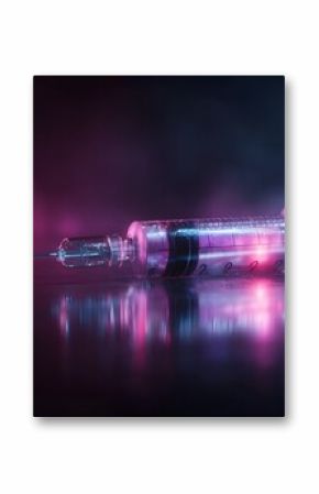 Futuristic medical syringe glowing with vibrant purple and pink light on a reflective dark surface amidst atmospheric mist representing advanced