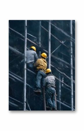 Construction workers in hard hats and protective clothing climb intricate scaffolding on a tall urban building emphasizing diligent labor and city