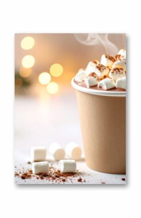Paper cup with hot chocolate and fluffy marshmallows, festive and holiday mood. Tasty drink.