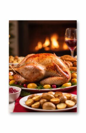Christmas holiday dinner with roasted turkey, vegetables, side dishes, and wine served on decorated table near glowing fireplace.