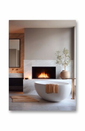 Serene bathroom featuring a modern tub and fireplace, conveying relaxation and luxury. Ideal for showcasing home design, wellness, and aspirational lifestyle.