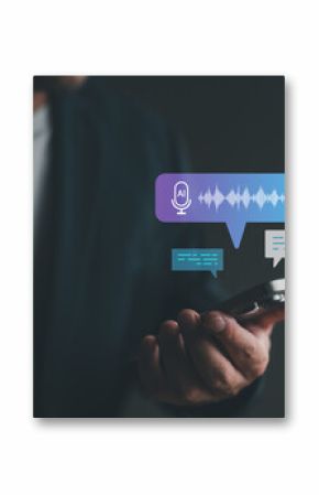 Man using AI voice assistant on smartphone with speech-to-text conversion and chatbot interface, representing smart technology, digital assistant and virtual communication.