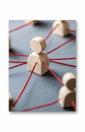 The red figure symbolizes a focal point in a human resources hierarchy, connected to diverse individuals by lines, highlighting teamwork and individual growth