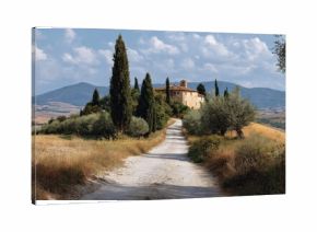 Stunning view of cypress trees and a rustic villa in Pienza, Tuscany showcasing the charm of the Italian countryside in warm sunlight