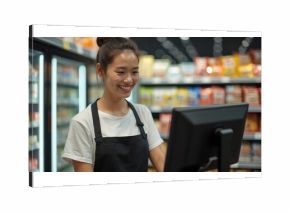 Smiling female cashier at supermarket checkout. Employee in white t-shirt and black apron works at retail store counter. Shelves with snacks visible.