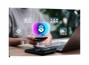 AI Everyday Life Concept, Businesswoman Using Artificial Intelligence for Global Knowledge Search, Smart Tools for Productivity, Creative Content Generation, Digital Learning, Technology Innovation