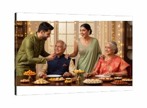 Joyful Indian Family Celebrating with Traditional Sweets
