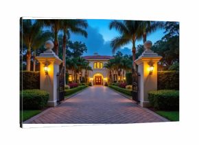Opulent mansion entrance with grand driveway, ornate gates, and lush palm trees. Elegant estate features illuminated pathway leading to large mansion exterior. Exclusive luxury residence.
