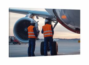 Aircraft maintenance team performs inspection near engine and landing gear. Crew in safety gear examines plane on tarmac for pre-flight readiness and safety.