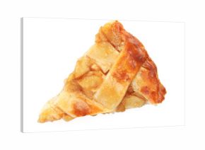 Piece of delicious homemade apple pie isolated on white, top view