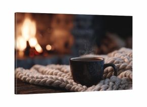 cozy cup of steaming coffee beside a warm fireplace and festive blanket