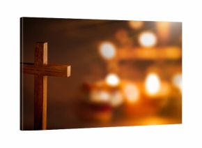 Christian cross with glitter lights and blurred bokeh lights background. Concept of Christianity, religious, faith, Jesus, or belief
