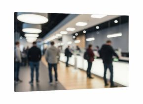 Modern Bank Hall Blur – A blurred view of teller counters and waiting customers inside a bank.