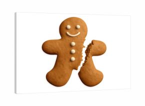 Gingerbread man cookie broken into two pieces, showing a clear separation with a transparent background