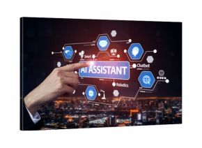 A hand interacts with a high-tech AI assistant interface set against a vibrant city skyline at night, showcasing innovation and transformative technology. Tessel