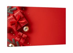Vibrant Christmas scene with red gifts, gold ornaments, and pine branches on a red backdrop, ideal for holiday greetings and festive celebration themes