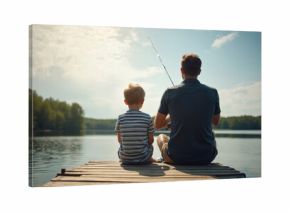 Man and boy fish on lake pier. Father teaches son angling. Family relax on lake summer vacation. People enjoy fishing together on beautiful nature outdoors.