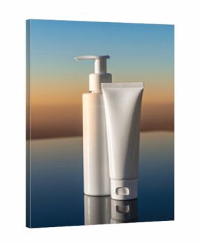 Cosmetic Pump Bottle and Tube Mockup on Soft Sunset Gradient Background