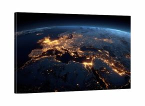 global map view at night illuminated city lights highlight europe middle east and africa creating dramatic and captivating atmosphere