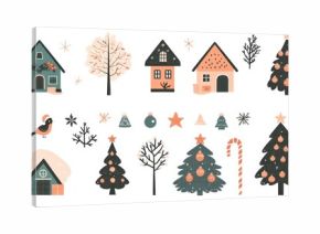 Charming collection of winter and Christmas clipart illustrations featuring cozy houses, decorated Christmas trees, snowflakes, candy cane, and festive elements in cheerful colors