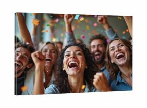 Diverse business team celebrates with colorful confetti falling. Happy young people cheer, laugh loudly, raise fists in victory. Colleagues enjoy great success together at modern office party.