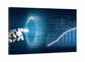 A futuristic robotic hand interacts with a digital display showcasing data visualization and growth metrics, symbolizing innovation and technology. Impute