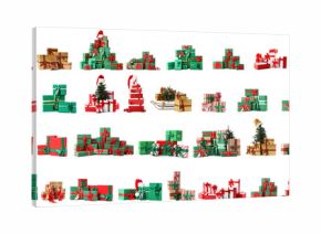 Set of many Christmas gifts on white background