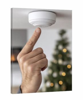 Ensuring safety: testing smoke detector indoors near decorated christmas tree