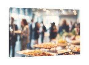 corporate networking event with buffet spread business professionals mingle interact over food drinks in modern office setting blurred background emphasizes social gathering teamwork company