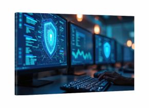 Multiple computer monitors display digital shield icons and data graphs in a modern office. A hand types on a keyboard near glowing screens. Cyber security and network protection concept.