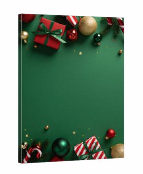Vibrant vertical holiday scene featuring red and striped gifts, gold and green ornaments, ribbons, and festive accents ready for Christmas and New Year celebrations